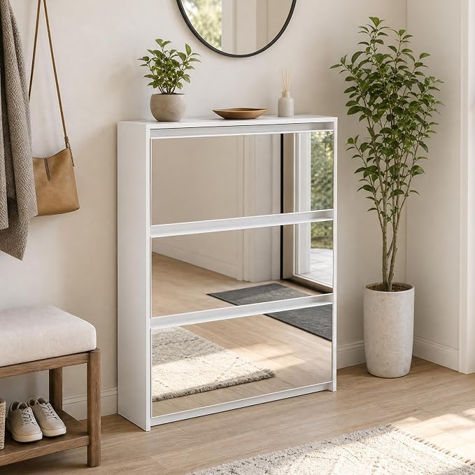 HOPUBUY Shoe Cabinet for Entryway, Narrow Shoe Storage with 3 Flip Drawers | Wood Slim Shoe Rack, 3 Tier Thin Shoe Organizer for Home and Apartment, Mirror