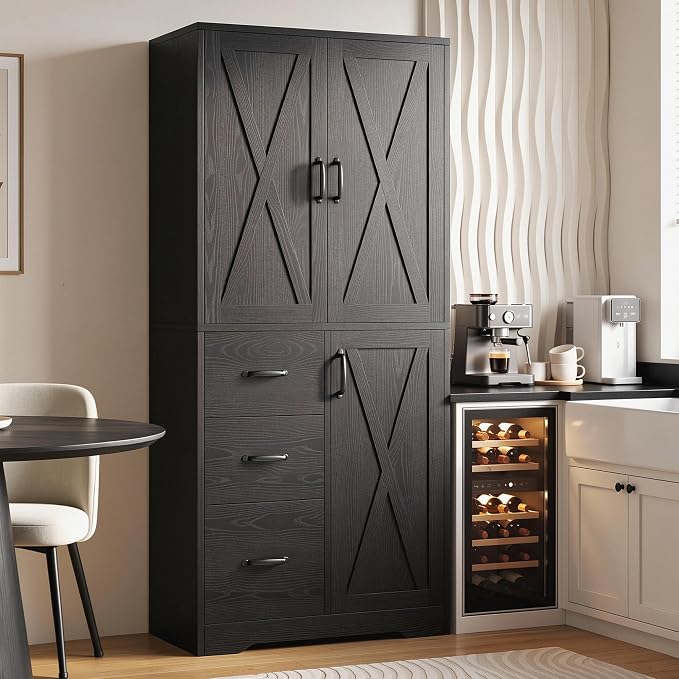 IRONCK Pantry Cabinet, Kitchen Storage Cabinet with 3 Door & Drawer, Black | Adjustable Shelf. 67.5inch Tall. 5 Tier Freestanding. 150 lbs Per Shelf. Modern Style. FSC-certified Wood. Anti-tip.
