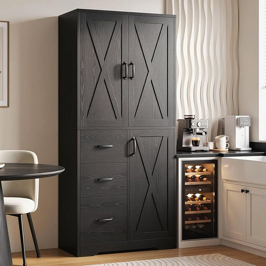 IRONCK Pantry Cabinet, Kitchen Storage Cabinet with 3 Door & Drawer, Black | Adjustable Shelf. 67.5inch Tall. 5 Tier Freestanding. 150 lbs Per Shelf. Modern Style. FSC-certified Wood. Anti-tip.