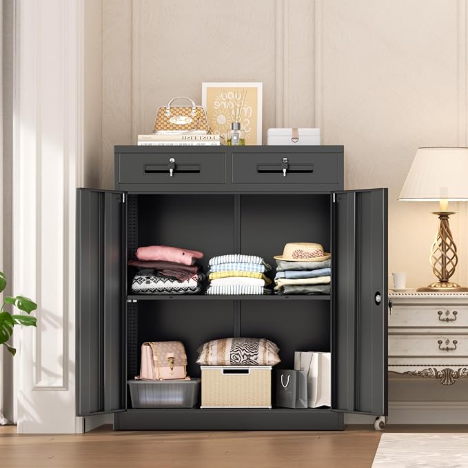 INTERGREAT Metal Garage Storage Cabinets with Lock,Steel Storage Cabinet with Drawer and 2 Adjustable Shelves, Small Lockable Office Steel Cabinet for Home, Warehouse, School, Black