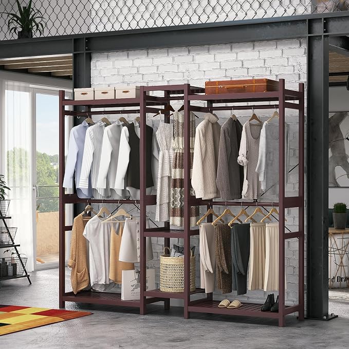 Bamboo Closet System Clothes Rack, Large Freestanding Garment Rack Clothing Rack for Hanging Clothes with 7 Storage Shelves and 5 Rods, Open Wardrobe Organizer with 4 Hooks, Espresso