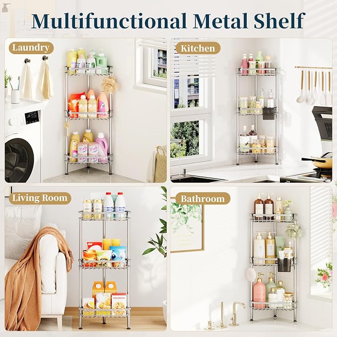 Consumest Corner Shower Caddy Stand - Rustproof Bathroom Organizer&Storage | 3 Tier Shower Shelves for Inside Shower, Stainless Steel Corner Shelf with Soap Holder, 4 Hooks, Brush Holder, Silver