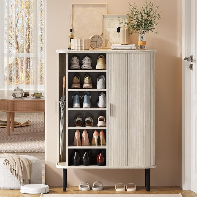 ONBRILL 6-Tier Shoe Cabinet with Sliding Door, Wooden Shoe Storage Cabinet with Adjustable Shelves, Mid-Century Modern Freestanding Shoe Storage Organizer for Entryway, Living Room, Hallway