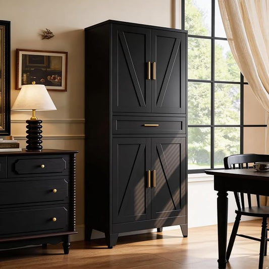 71" H Metal Kitchen Pantry Cabinet with Drawers,Black Kitchen Storage Cabinets with Doors,Tall Pantry Food Storage Cabinets,Large Freestanding Cabinets for Dining Room, Living Room