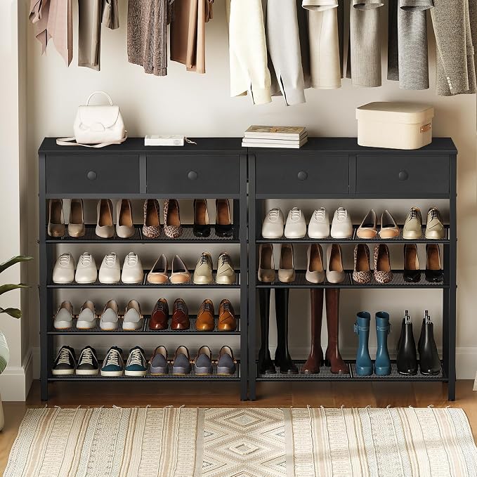 5 Tier Shoe Rack, Large Capacity Shoe Storage Organizer, Metal Shoe Shelf with Drawer and Wooden Top, for 20 Pairs of Shoes, for Entryway, Closet, Black SS25BB