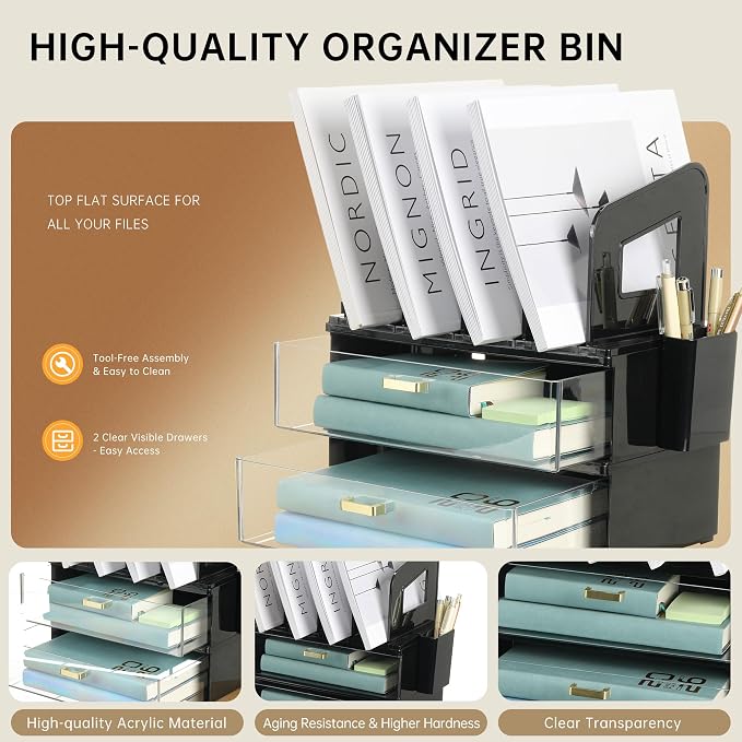 CiWiVOKi Desk Organizer with 4 File Slots and 2 Drawers, Black | File organizer with dual pen holders and storage compartments for mail, documents and office supplies