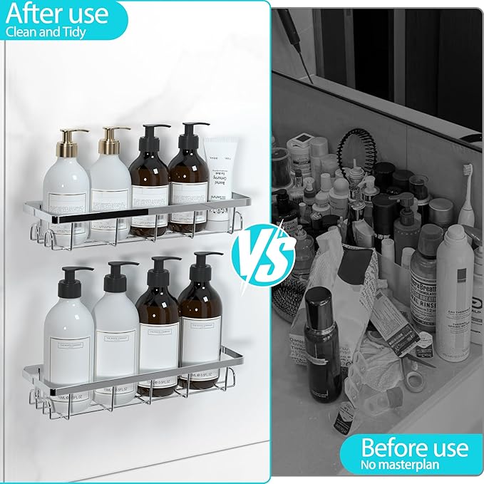 Shower Caddy Organizer with Hooks,Self Adhesive Bathroom Shelves,Shower Shelves,No Drilling Bathroom Organizers and Storage,Perfect for RV, Apartment, Home Decor,Silvery 3PK