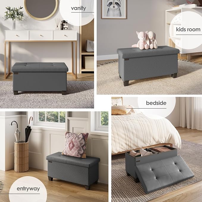 Storage Ottoman Bench with Bins, 30-in Storage Bench for Bedroom End of Bed, Folding Foot Rest Ottoman for Living Room Max 660lbs, Faux Leather Ottomans, Grey