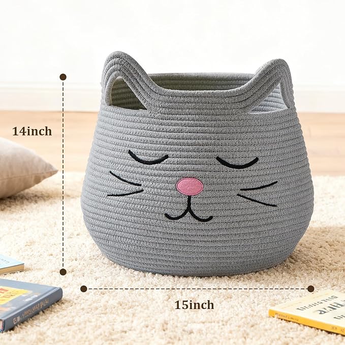VK VK·LIVING Animal Baskets Large Woven Cotton Rope Storage with Cute Cat Design and Handles, Cat Toy Box Laundry Organizer for Towels, Blanket, Toys, Clothes, Gift for Pet or Baby Baskets 15"D x 14"H