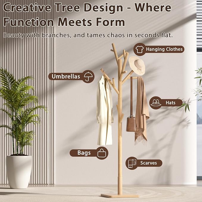 Solid Wood Coat Rack - Freestanding Coat Hat Rack Stand with 14 Hooks, Clothes Rack Heavy Duty Space Saving Entryway Coat Tree Hanger Rack for Coats Jackets Hats Bags, Adjustable Height (Natural)