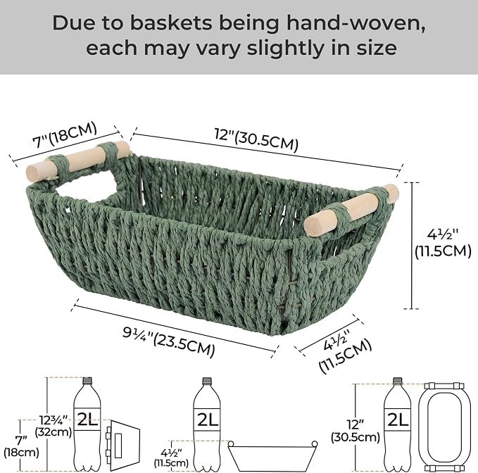 StorageWorks Round Paper Rope Woven Basket with Wooden Handles for Gifts, Small Woven Baskets for Shelf, Bosana Green, 2-Pack