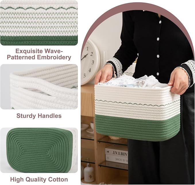 OIASKET 4 Pack Storage Baskets for Organizing, 13"X9"X7.87", Decorative Cotton Rope Baskets for Shelves, Small Woven Basket for Toys, Books and Towels, Green & White