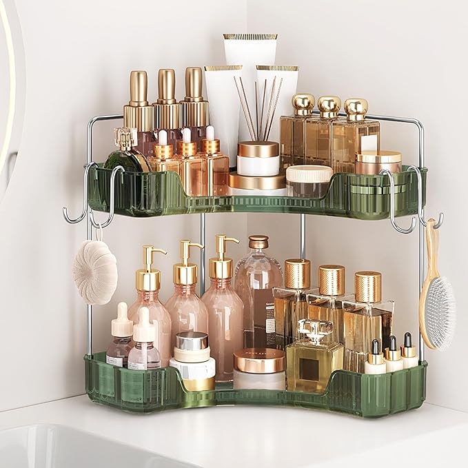 Corner Counter Organizer, 2-Tier Bathroom & Kitchen Storage Tray | PET Green Vanity Organizer Storage Countertop with Hooks for Skincare, Makeup & Jewelry