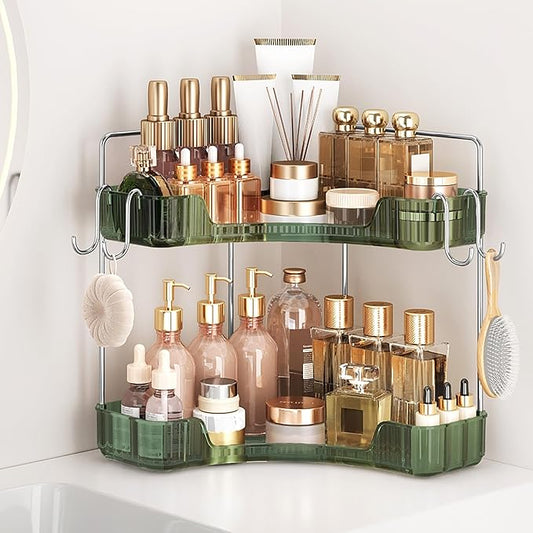 Corner Counter Organizer, 2-Tier Bathroom & Kitchen Storage Tray | PET Green Vanity Organizer Storage Countertop with Hooks for Skincare, Makeup & Jewelry