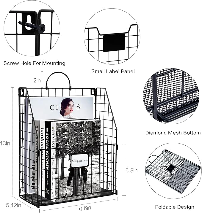 DILIBRA 4 Packs Hanging Wall File Organizer, Foldable Magazine File Holder | Wall Magazine Holder with Handle and Tag Slot, Metal Wall Mounted Mail Organizer Rack Folder Holder for Document Office Door