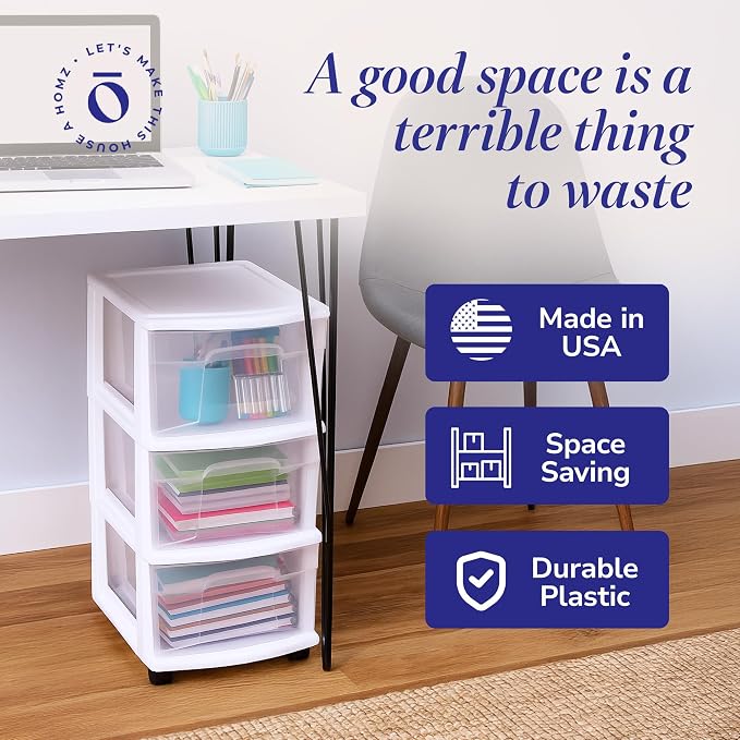 HOMZ Drawer Tower 3-Tier Storage Cart, Removable Wheels, White Frame,2 Pack | Plastic Organizer with Clear Bin Drawers for Bedrooms, Bathrooms, Home Offices, and Dorm Rooms