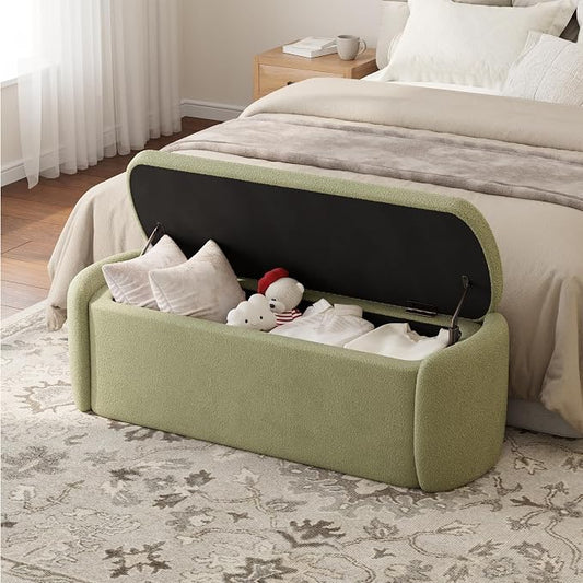 VKNOW Storage Bench, Upholstered Storage Ottoman Bench, Light Green | Ottoman Bench with Large Capacity, Curved Frame, King Size Bench, Storage Bench for Bedroom, Living Room, Entryway, Window