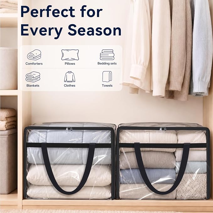 SpaceTrove Clear Storage Bags, 4-Pack Under Bed and Closet Organizers 40L | Clear PVC bags with zippers and handles, foldable waterproof moving bags store comforters, blankets, bedding, clothes and toy