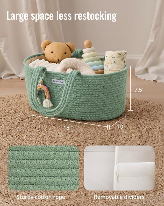 Blissful Diary Baby Diaper Caddy Organizer, Cotton Rope Diaper Caddy Basket, Oval Storage Basket, Gift for Baby Shower, Newborn Essentials, Green