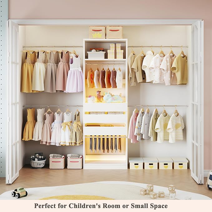 Closet System, 4-8FT Closet Organizer with 3 Wood Drawers & Glass Top, 102'' Walk in Closet with 5 Hang Rods & LED Lights & Trouser Rack, Built-in Wardrobe Clothes Rack with Shelves and Tower, White