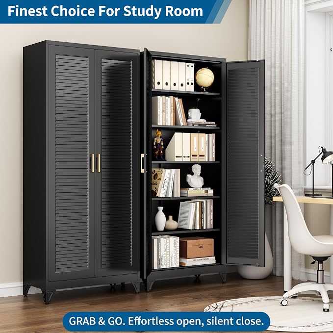 75" Tall Black Metal Storage Cabinet with Doors, Heavy Duty | Freestanding Louvered Door Kitchen Pantry Cabinet, 5 Shelves (180 Lbs Load), Tall Steel Cabinets for Home and Office