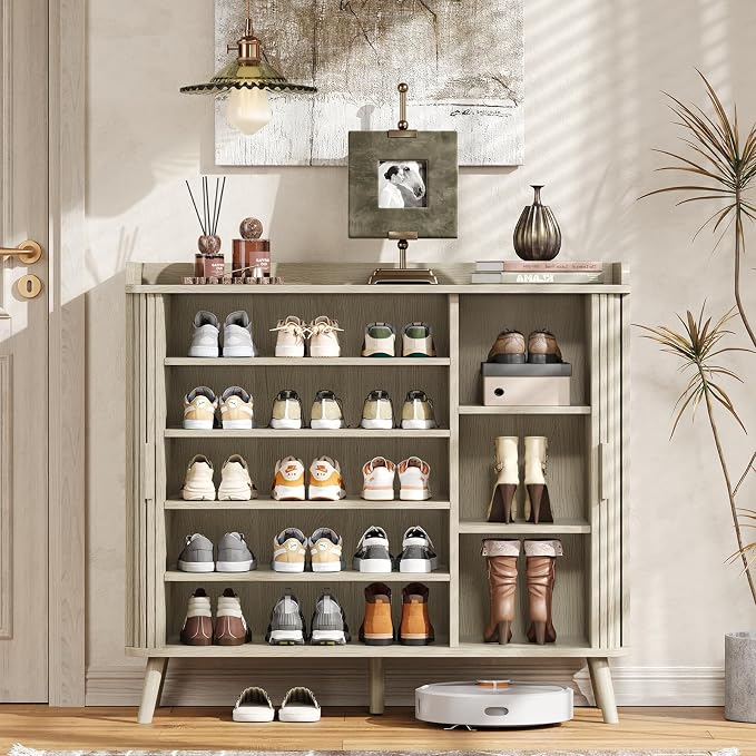 Shoe Cabinet with Sliding Door, 5-Tier Hidden Shoe Rack with Adjustable Shelves, Wooden Shoe Storage Organizer with Open Bottom Space, Freestanding Shoe Shelf for Entryway (Natural White)