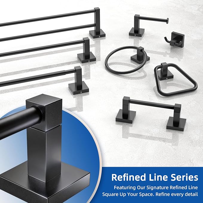 RUACQ Towel Bar 18" Towel Racks for Bathroom Wall Mounted, Matte Black | One-Piece Bath Towel Holder, Total Length 20 Inch Single Towel Rod, 304 Stainless Steel Rustproof, Square Base, Heavy Duty