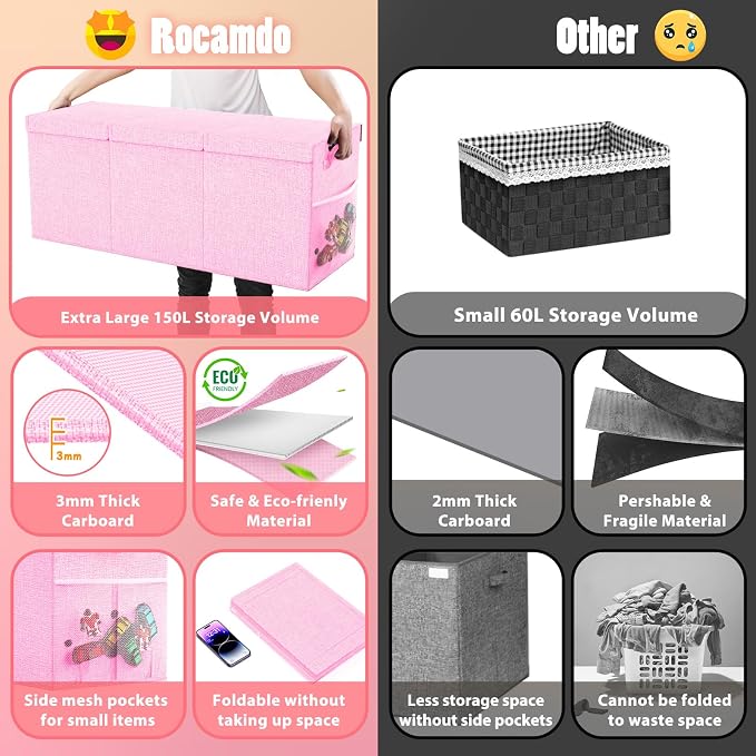 Large Toy Storage Box with Lid & Dividers, Collapsible Kids Toy Chest, Pink | Toy Box for Boys, Girls, Nursery, Bedroom, Living Room, Playroom, 40X14X16 inches