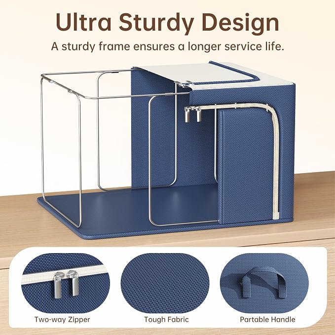 3 Openings Clothes Storage Bins with Metal Frame，66L (navy blue) | Oxford-Gewebe