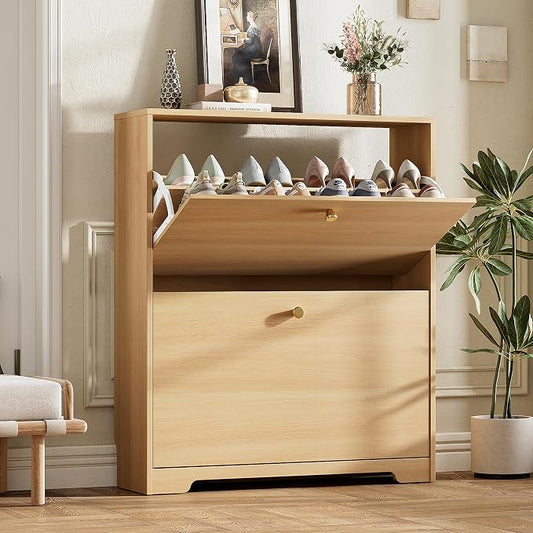 Nicetree Shoe Storage Cabinet with 2 Flip Drawers, Slim Shoe Cabinet, Hidden Shoe Rack Cabinet, Shoe Storage Cabinet for Entryway, Hallway, Foyer, Natural Oak
