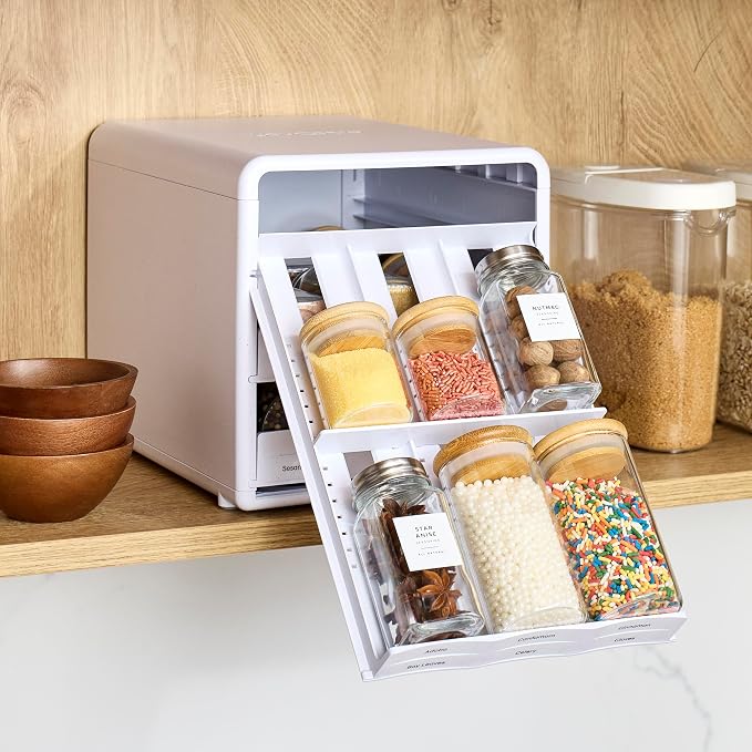 YouCopia SpiceStack,18-Bottle Adjustable Spice Rack Organizer, Pull-Out Seasoning Holder for Kitchen Cabinet and Pantry Storage with 104 Labels and Adjustable Dividers, Speckled White