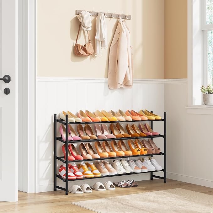 Expandable Shoe Rack for Closet 4 Tier, 28“-41“Stackable, Black | Adjustable Shoe Organizer Closet Shoe Rack Floor, Metal Shoe Shelf Storage for Entryway, Closet, Garage, Front Door Entrance