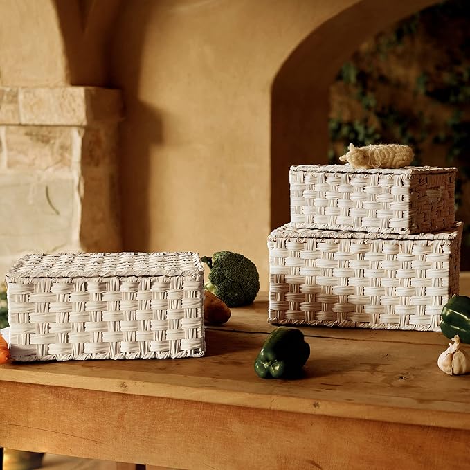Granny Says Wicker Baskets With Lids, Woven Storage Basket With Lid | Woven Baskets With Lids, Wicker Baskets For Storage, Decorative Storage Boxes, Woven Stackable Basket with Lid for Organizing