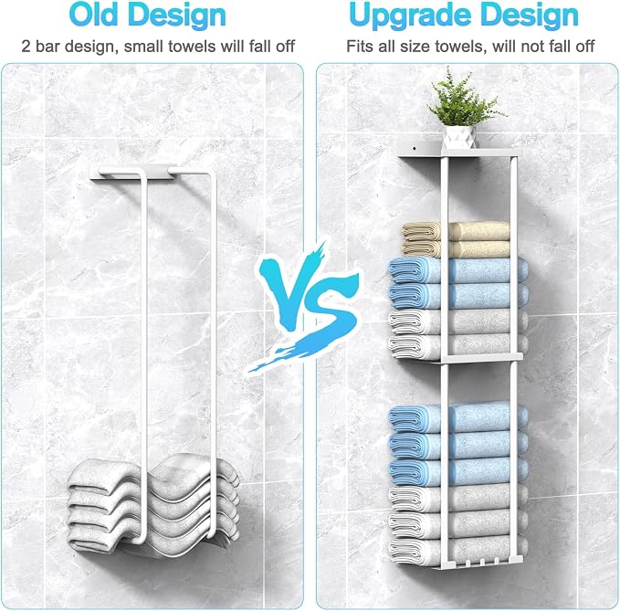 Liuoud Towel Rack for Bathroom, Wall Mounted Vertical Rolled Towel Storage Organizer Holder with Shelf, Holds Up 6 Large Bath Sheets, White