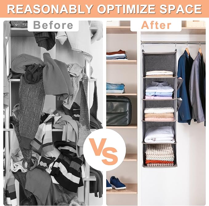 BOOMIBOO Hanging Closet Organize and Shelves，5-Hanging Shelf with 2 Side Pockets，Storage Foldable （Black）