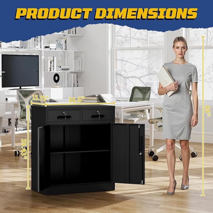 Metal Storage Cabinet with 2 Drawer, 35" Office Storage Cabinets | Garage Storage Cabinet Adjustable Shelves Locking Tool Cabinet Utility Cabinets for Bathroom,Kitchen,Home Office,School,Shop