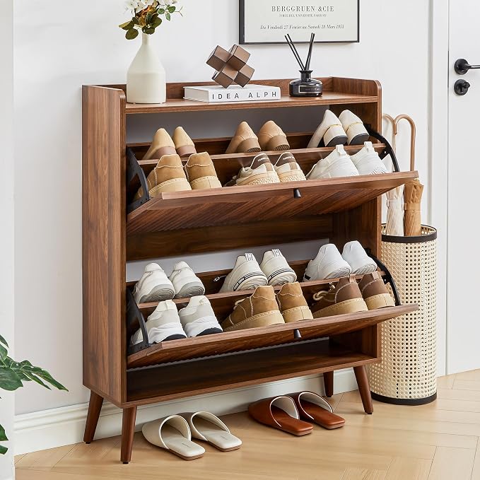 BERRYMERRY Walnut 31.5” Fluted Shoe Storage Cabinet with 2 Flip Drawers | narrow,entryway,adjustable feet,24 pairs shoe,shoe organize,hidden shoe rack,fluted panel,wave pattern,wood,space saving
