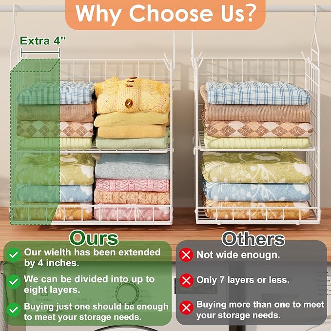 8 Tier Extended Width Hanging Closet Organizer, Sweater Storage for Closet Organizer System, Stackable Wire Basket Bins for Clothes Purse Shoes, Hanging Shelves with 4 Hooks & 4 Dividers Adjustable