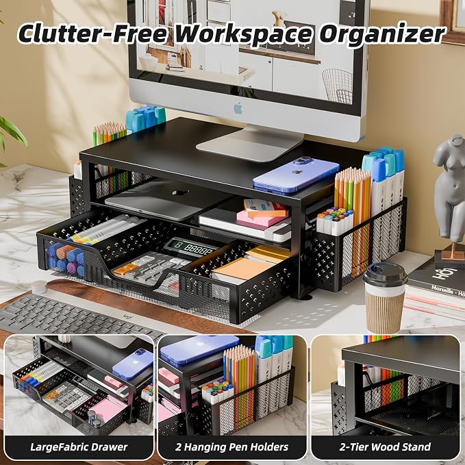 Simple Trending 2-Tier Monitor Stand Riser, Desk Organizer, Drawer, Black | Laptop & Printer Stand, Desktop Organizer, Drawer & 2 Pen Holders, Sturdy Material, for Home Office, 16"W x 10"D x 5.8"H