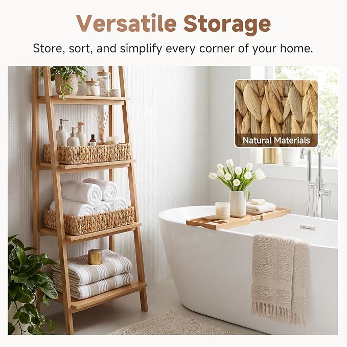 StorageWorks Large Bathroom Baskets, Wicker Storage Baskets for Shelves | Handwoven Water Hyacinth Storage Basket for Organizing, Shallow Rectangular Wicker Tray for Coffee Table, Natural, 2-Pack