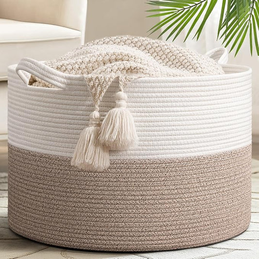 Goodpick 65L Large Woven Rope Basket for Blankets Living Room, 65L | 19.7 x 19.7 x 12.6 In Woven Basket for Storage, Kids Toy Storage for Playroom, Laundry Basket for Towels, Light Brown