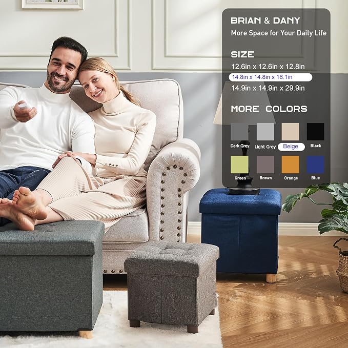 BRIAN & DANY Ottoman with Storage, Square Small Storage Ottoman Foot Rest with Legs, Ottomans Foot Stool for Dorm, Living Room, Entryway 14.8"x14.8"x17.8" (Beige)