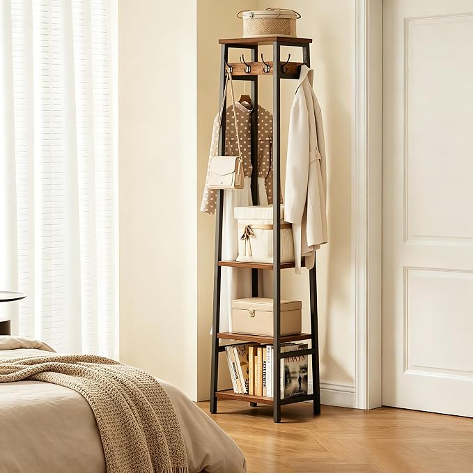 Coat Rack Freestanding with 3 Shelves and 7 Hooks | Coat Stand, Hall Tree Free Standing, Clothes Rack Stand Organizer, Industrial Style, Rustic Brown and Black