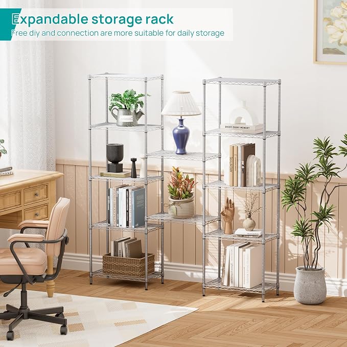 SINGAYE 6 Metal Shelves Wire Shelving Storage Shelf Adjustable Unit Pantry | 6 Tier Kitchen Laundry Room Organization Home Pantry Closet Bathroom Organizers Garage Rack 12" D x 22" W x 69.5" H Gray