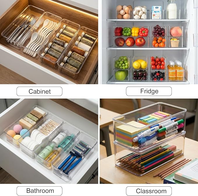 Hudgan 4 Packs Refrigerator Organizers and Storage, 4 Small Stackable Clear Plastic Bins for Pantry Organizer, Home Edit, Kitchen Cabinet, Fridge, Bathroom, Office, Drawer