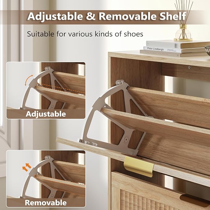 BORNOON Shoe Cabinet for Entryway with 3 Flip Drawers, Slim Wooden Shoe Storage Organizer with Modern Fluted Pannel，Freestanding Narrow Hidden Shoe Rack for Hallway, Foyer, Living Room