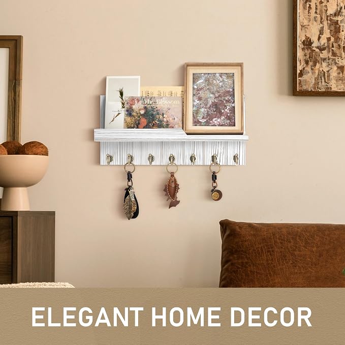 Rebee Vision Key Holder Wall Mount with 7 Hooks for Entryway, Whitewash | Key Holder for Wall, Floating Shelf, Display Plant, Mail Organizer, Elegant Decorative Storage, Rustic Apartment Essential