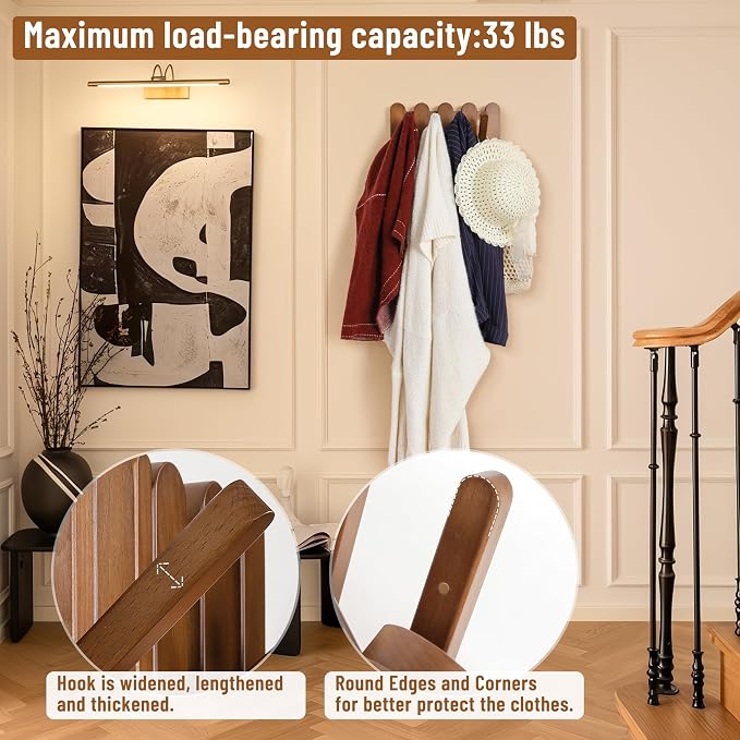Wall Coat Rack for Entryway: Folding Wood 4 Hooks for Small Space | Modern Heavy Duty Wall Mounted for Mid Century Home Decor Bathroom Hallway Bedroom for Hanging Towel Jacket Backpack Bag