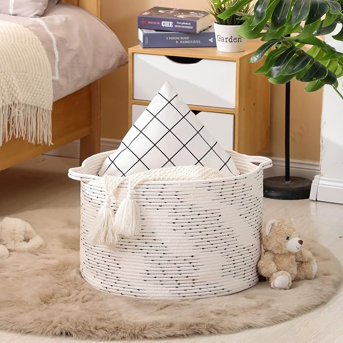 KAKAMAY Large Blanket Basket (20"x13"),Woven Baskets for storage Baby Laundry Hamper，Cotton Rope Blanket Basket for Living Room, Laundry, Nursery, Pillows, Off White with Blue & Brown Dotted Pattern | Extra Large Capacity | Natural Cotton Rope | Blanke...