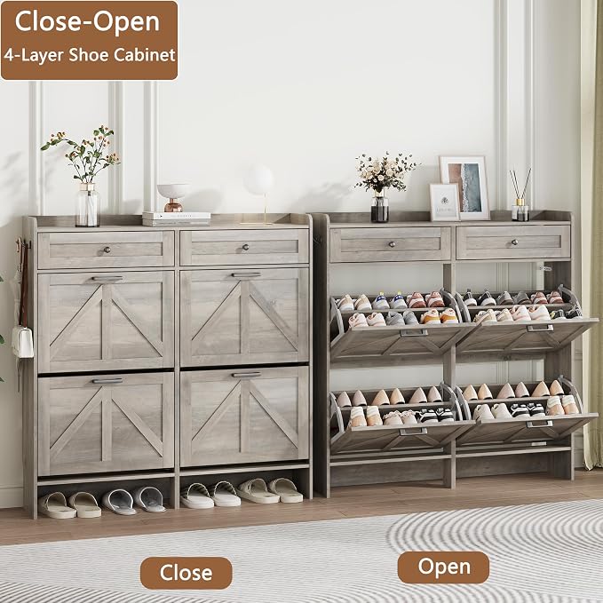 Shoe Cabinet with 4 Flip Drawers & 2 Top Drawers, 43" Tall Freestanding Narrow Wooden Shoe Storage Organizer for Entryway, Hidden Slim Shoe Rack for Front Door Entrance, Hallway, Living Room, Grey
